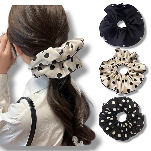 3 PCS 7.9 Inches Oversized Satin Scrunchies with Pearl and Polka Dot - Jumbo Large Hair Ties & Ponytail Holders for Women and Girls, Vintage Chic Extra Large Hair Accessories - görsel 5