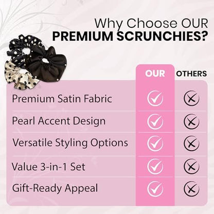 3 PCS 7.9 Inches Oversized Satin Scrunchies with Pearl and Polka Dot - Jumbo Large Hair Ties & Ponytail Holders for Women and Girls, Vintage Chic Extra Large Hair Accessories