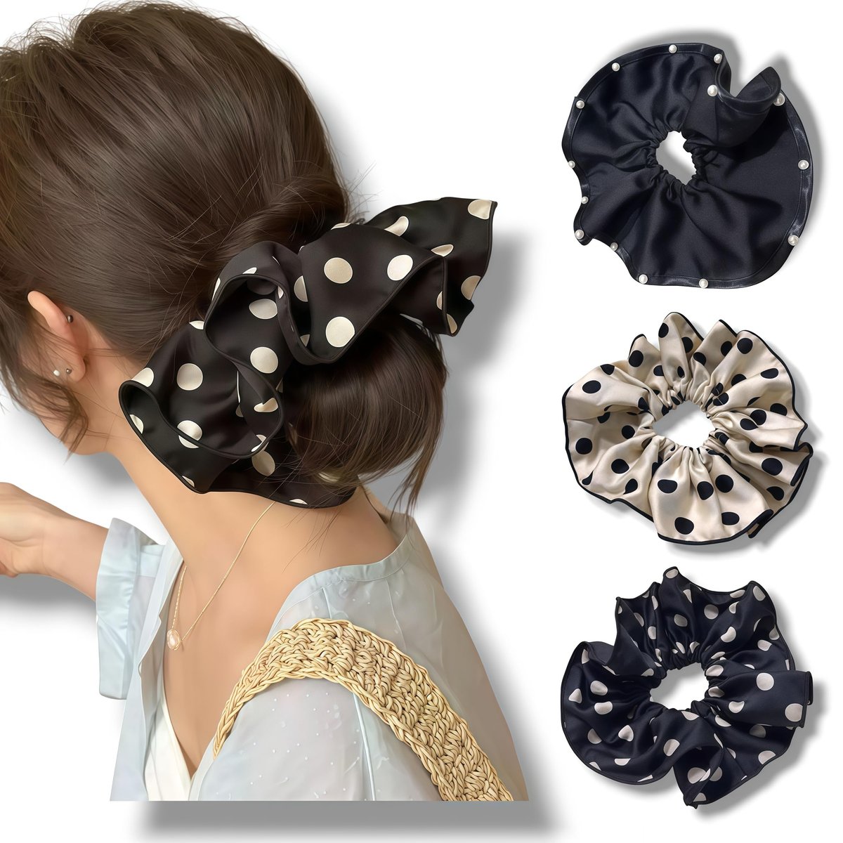 3 PCS 7.9 Inches Oversized Satin Scrunchies with Pearl and Polka Dot - Jumbo Large Hair Ties & Ponytail Holders for Women and Girls, Vintage Chic Extra Large Hair Accessories - görsel 8
