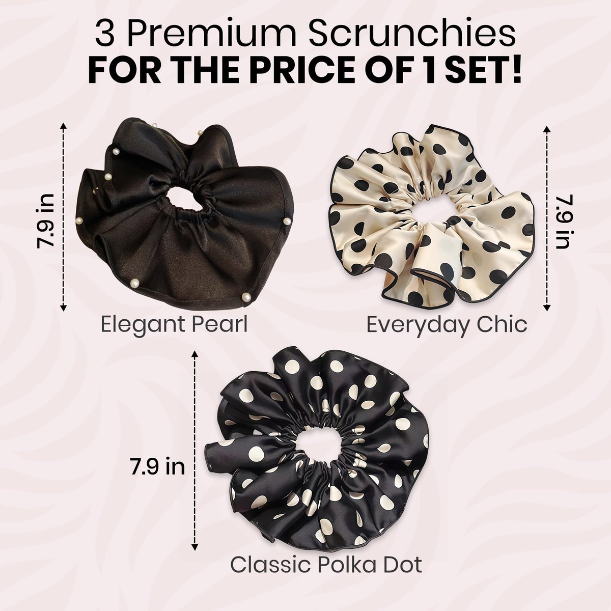 3 PCS 7.9 Inches Oversized Satin Scrunchies with Pearl and Polka Dot - Jumbo Large Hair Ties & Ponytail Holders for Women and Girls, Vintage Chic Extra Large Hair Accessories - görsel 10