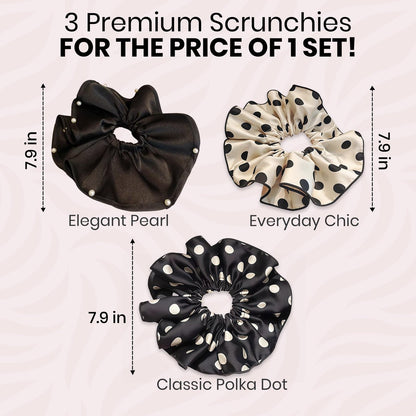 3 PCS 7.9 Inches Oversized Satin Scrunchies with Pearl and Polka Dot - Jumbo Large Hair Ties & Ponytail Holders for Women and Girls, Vintage Chic Extra Large Hair Accessories