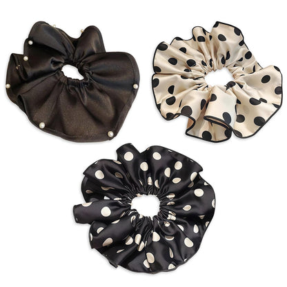 3 PCS 7.9 Inches Oversized Satin Scrunchies with Pearl and Polka Dot - Jumbo Large Hair Ties & Ponytail Holders for Women and Girls, Vintage Chic Extra Large Hair Accessories