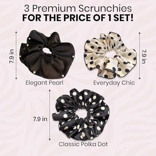 3 PCS 7.9 Inches Oversized Satin Scrunchies with Pearl and Polka Dot - Jumbo Large Hair Ties & Ponytail Holders for Women and Girls, Vintage Chic Extra Large Hair Accessories - görsel 9