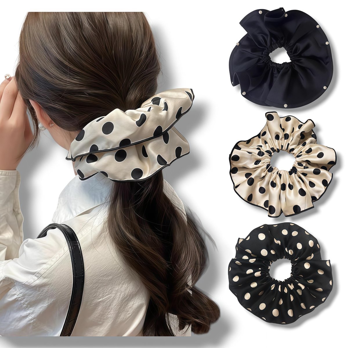 3 PCS 7.9 Inches Oversized Satin Scrunchies with Pearl and Polka Dot - Jumbo Large Hair Ties & Ponytail Holders for Women and Girls, Vintage Chic Extra Large Hair Accessories - görsel 6
