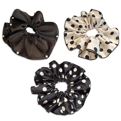 3 PCS 7.9 Inches Oversized Satin Scrunchies with Pearl and Polka Dot - Jumbo Large Hair Ties & Ponytail Holders for Women and Girls, Vintage Chic Extra Large Hair Accessories - görsel 1
