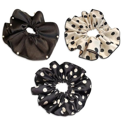 3 PCS 7.9 Inches Oversized Satin Scrunchies with Pearl and Polka Dot - Jumbo Large Hair Ties & Ponytail Holders for Women and Girls, Vintage Chic Extra Large Hair Accessories