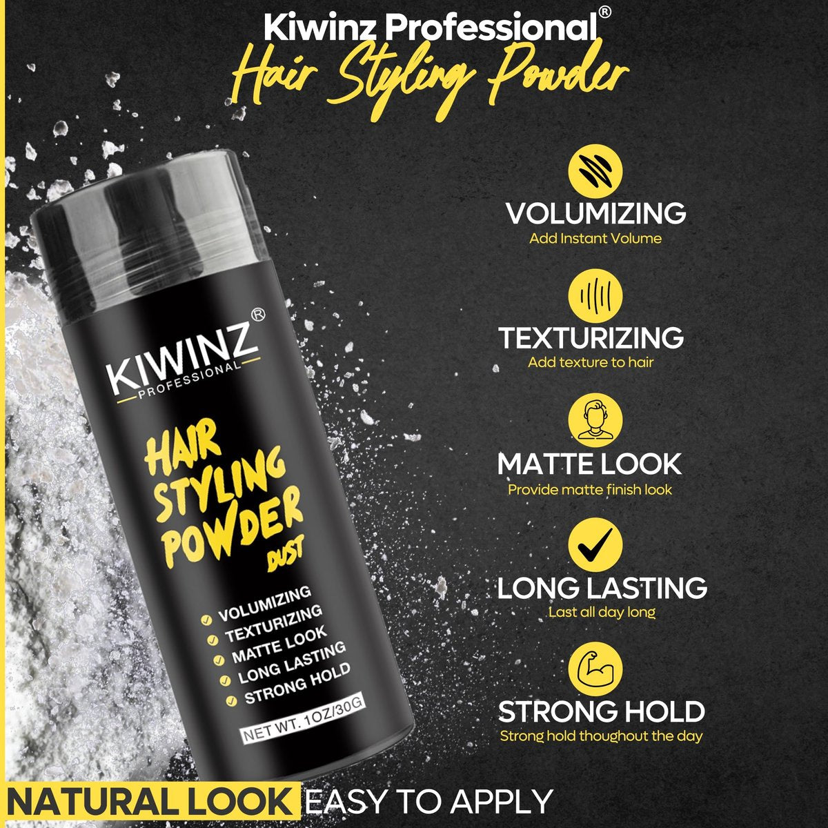 Kiwinz Professional Hair Styling Powder for Men – Natural Look Texture Powder, Matte Finish, Long-Lasting Volume & Hold – Non-Sticky, Great Smell – 30g - görsel 3