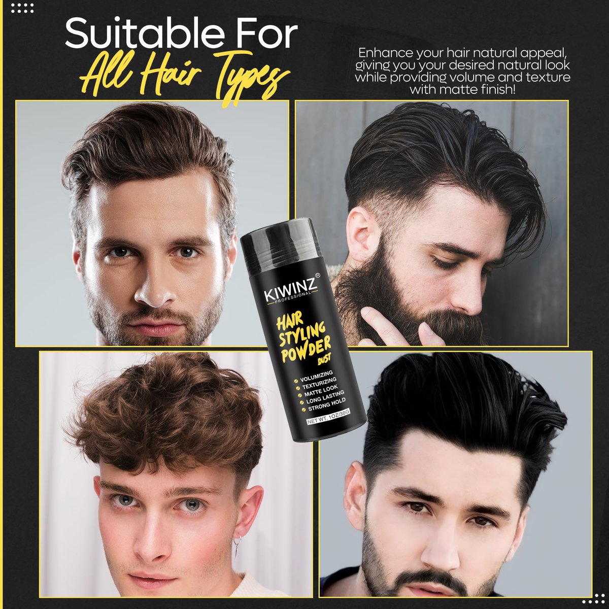Kiwinz Professional Hair Styling Powder for Men – Natural Look Texture Powder, Matte Finish, Long-Lasting Volume & Hold – Non-Sticky, Great Smell – 30g - görsel 9