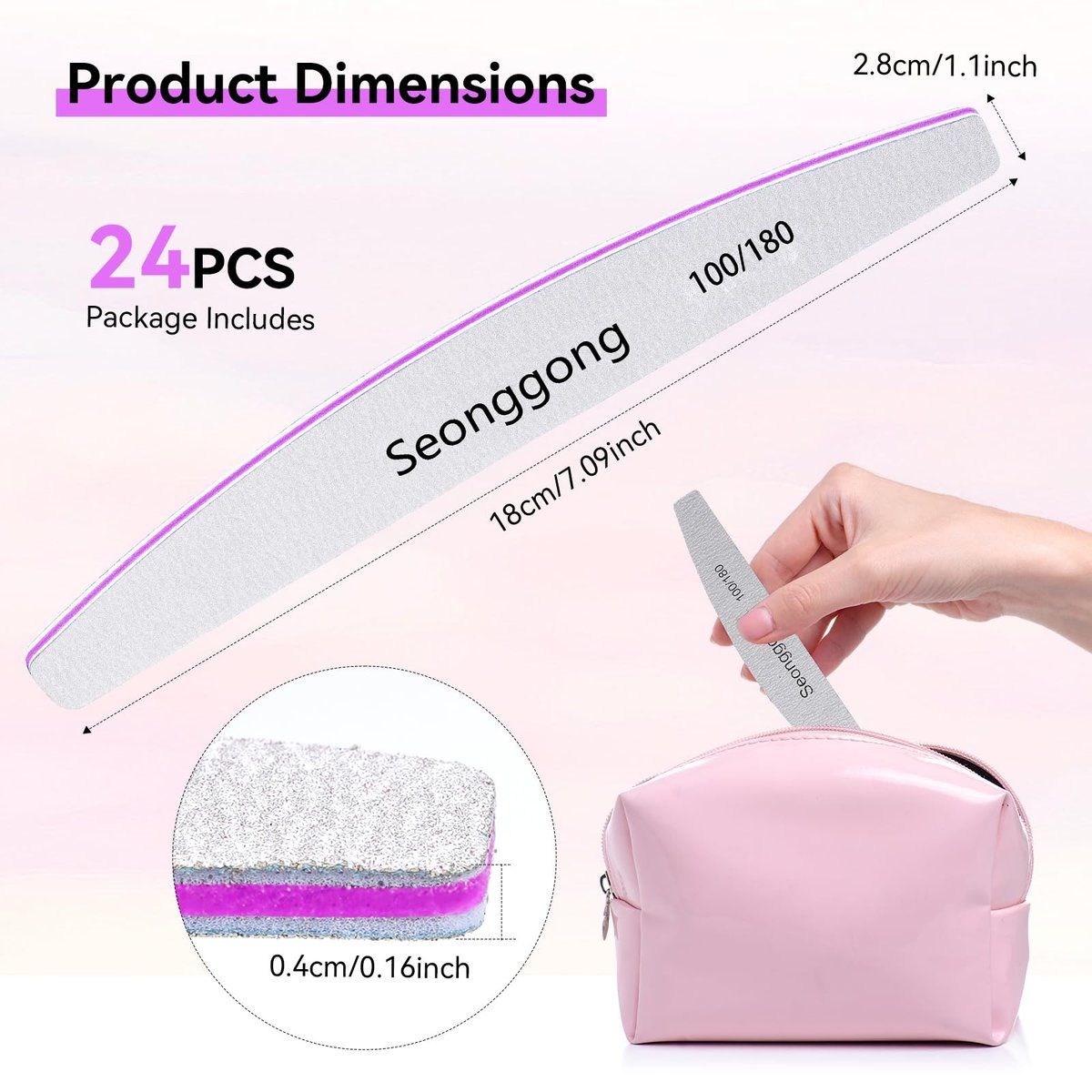 24 PCS 100/180 Grit Nail Files for Women – Double-Sided Emery Boards for Natural Nails, Manicure & Pedicure Tools for Salon and Home Use - görsel 7