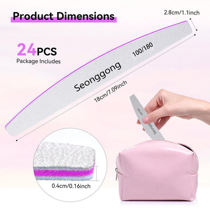 24 PCS 100/180 Grit Nail Files for Women – Double-Sided Emery Boards for Natural Nails, Manicure & Pedicure Tools for Salon and Home Use