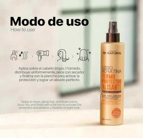 Be Natural Lisso Keratina Heat Protectant Spray for Hair Smoothing – Sulfate-Free, 8.45 fl oz Avelisse