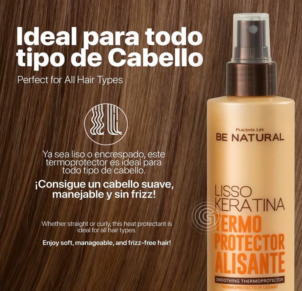 Be Natural Lisso Keratina Heat Protectant Spray for Hair Smoothing – Sulfate-Free, 8.45 fl oz Avelisse