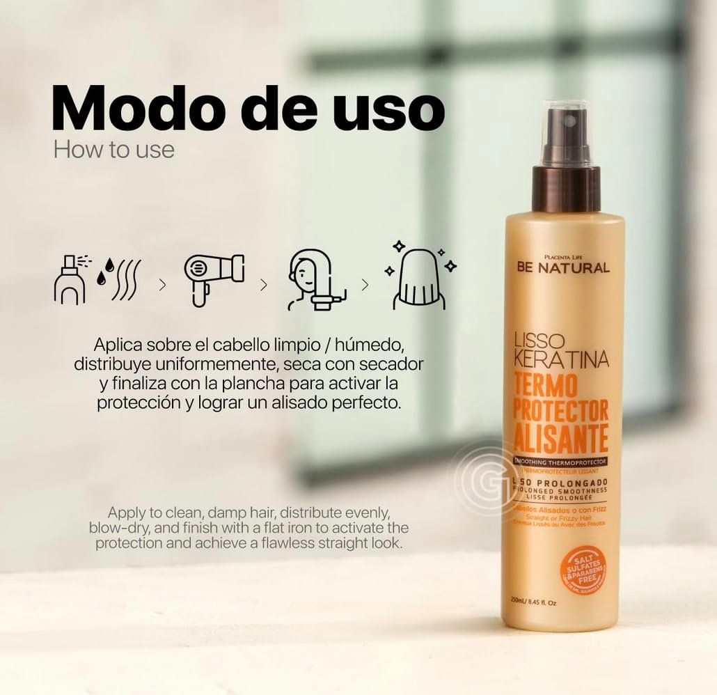 Be Natural Lisso Keratina Heat Protectant Spray for Hair Smoothing – Sulfate-Free, 8.45 fl oz Avelisse