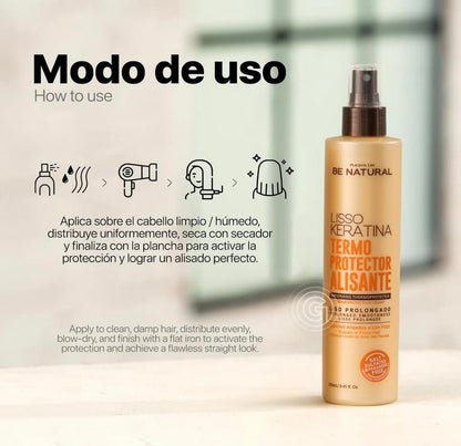 Be Natural Lisso Keratina Heat Protectant Spray for Hair Smoothing – Sulfate-Free, 8.45 fl oz Avelisse