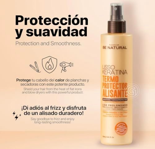 Be Natural Lisso Keratina Heat Protectant Spray for Hair Smoothing – Sulfate-Free, 8.45 fl oz Avelisse
