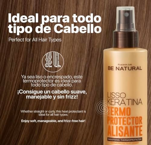 Be Natural Lisso Keratina Heat Protectant Spray for Hair Smoothing – Sulfate-Free, 8.45 fl oz Avelisse