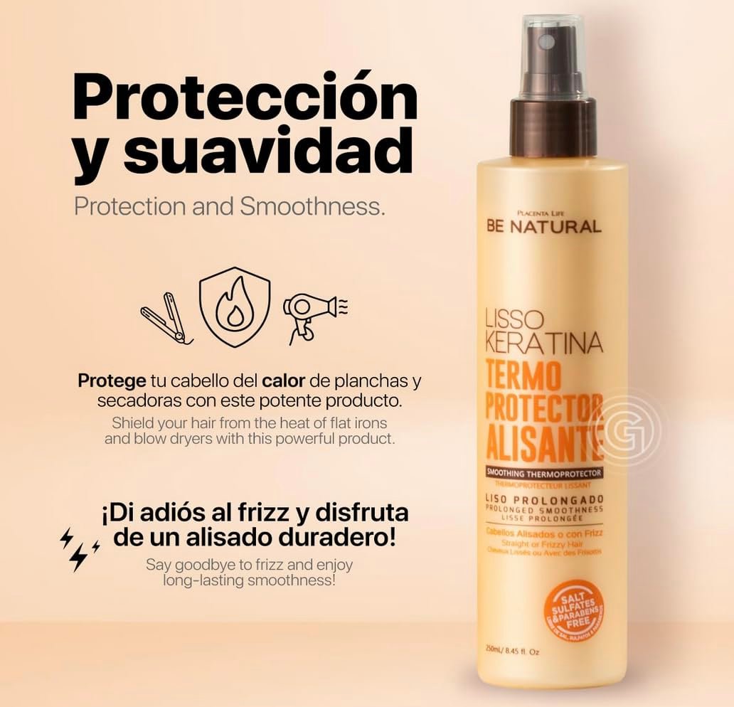 Be Natural Lisso Keratina Heat Protectant Spray for Hair Smoothing – Sulfate-Free, 8.45 fl oz Avelisse