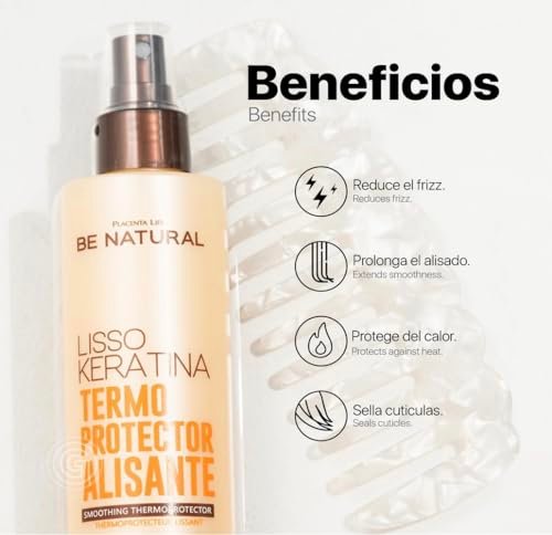 Be Natural Lisso Keratina Heat Protectant Spray for Hair Smoothing – Sulfate-Free, 8.45 fl oz Avelisse