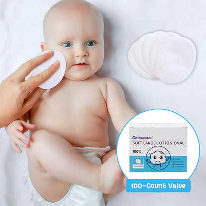 Cottonessence Oval Cotton Pads (100-Count) - 100% Pure Cotton, Gentle for Babies, Soft, Large, Lint-Free, Double Sided, Hypoallergenic