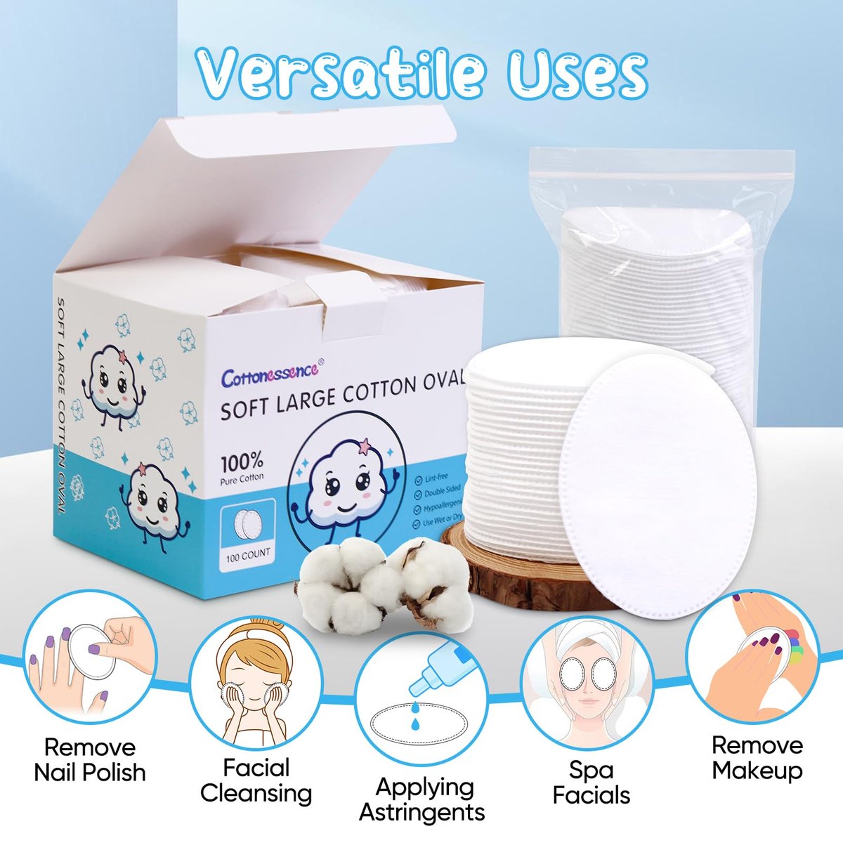 Cottonessence Oval Cotton Pads (100-Count) - 100% Pure Cotton, Gentle for Babies, Soft, Large, Lint-Free, Double Sided, Hypoallergenic - görsel 11