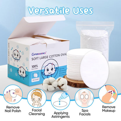 Cottonessence Oval Cotton Pads (100-Count) - 100% Pure Cotton, Gentle for Babies, Soft, Large, Lint-Free, Double Sided, Hypoallergenic