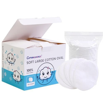Cottonessence Oval Cotton Pads (100-Count) - 100% Pure Cotton, Gentle for Babies, Soft, Large, Lint-Free, Double Sided, Hypoallergenic