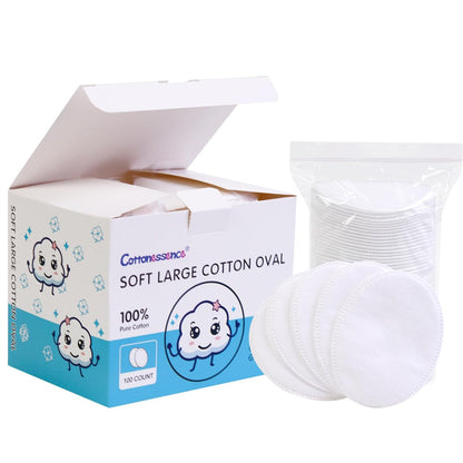 Cottonessence Oval Cotton Pads (100-Count) - 100% Pure Cotton, Gentle for Babies, Soft, Large, Lint-Free, Double Sided, Hypoallergenic