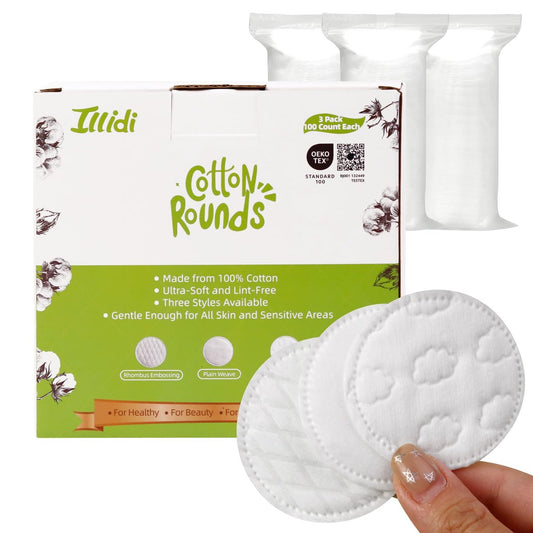 Illidi Boxed 300-Count Embossed Cotton Rounds – 3 Unique Patterns, Lint-Free, Dual-Sided, Soft & Durable for Makeup Removal, Skincare, Nail Polish, and Baby Care