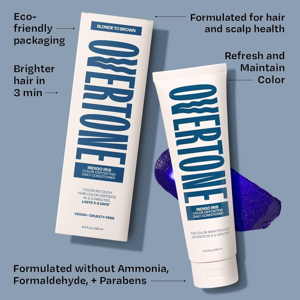 Overtone Daily Color Depositing Conditioner - Indigo Iris for Brown Hair - 4.5 oz - Temporary Color Refresh & Fade Prevention - Vegan & Cruelty-Free Avelisse