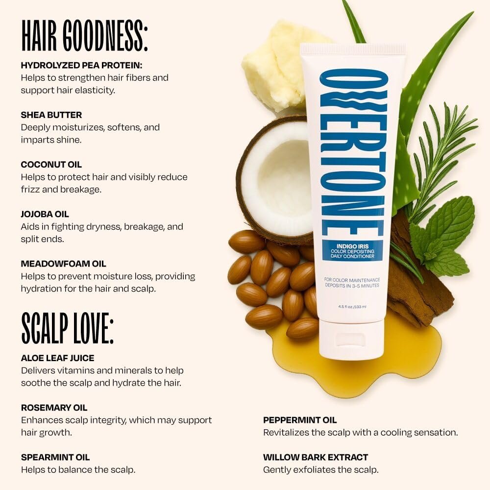 Overtone Daily Color Depositing Conditioner - Indigo Iris for Brown Hair - 4.5 oz - Temporary Color Refresh & Fade Prevention - Vegan & Cruelty-Free Avelisse