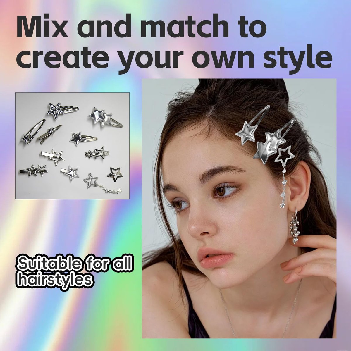 30Pcs Y2K Silver Star Hair Clips Set - 16 Shapes Kawaii Non-Slip Hairpins for Women & Girls - görsel 7