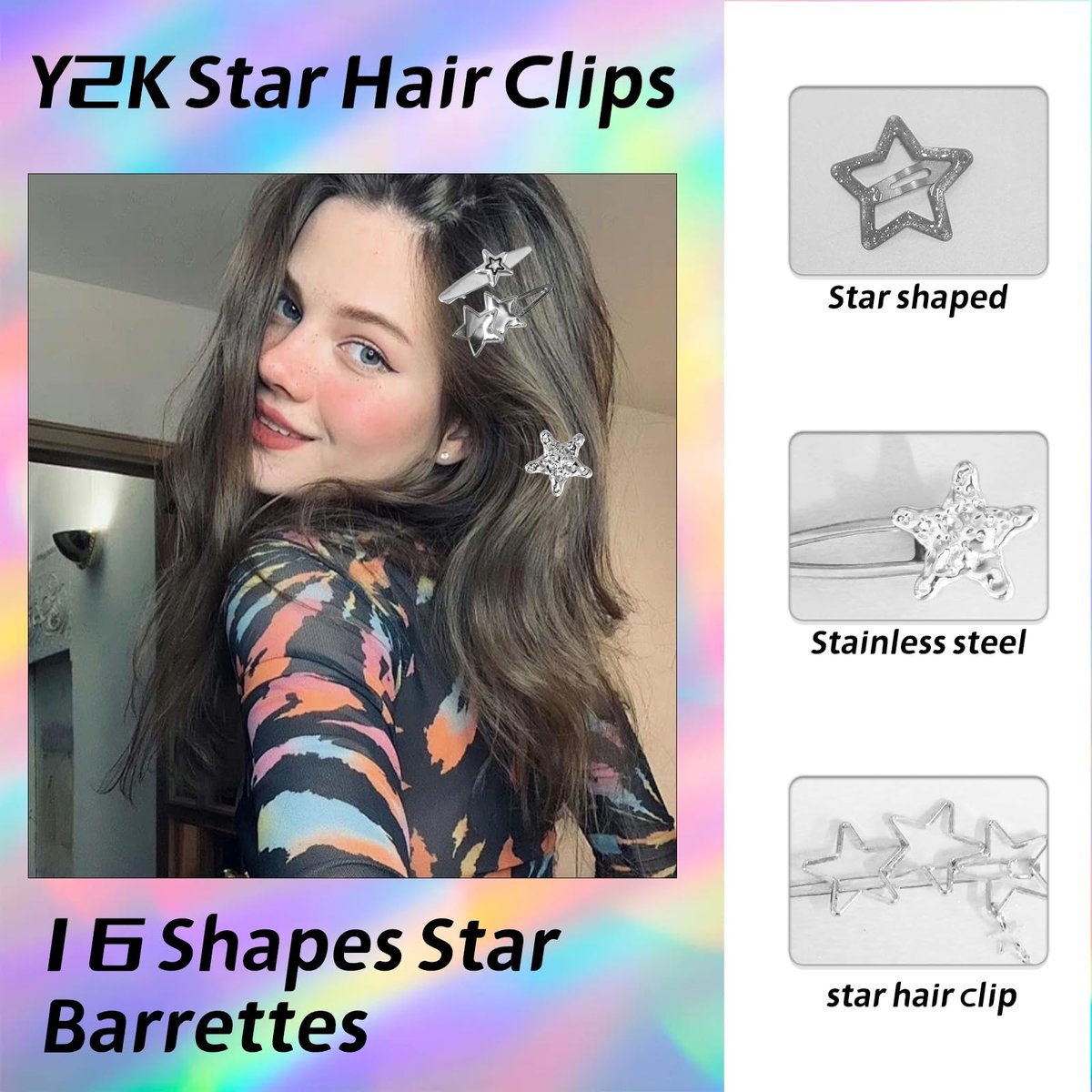 30Pcs Y2K Silver Star Hair Clips Set - 16 Shapes Kawaii Non-Slip Hairpins for Women & Girls - görsel 5
