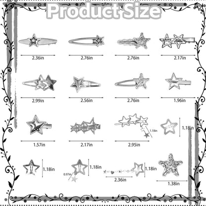 30Pcs Y2K Silver Star Hair Clips Set - 16 Shapes Kawaii Non-Slip Hairpins for Women & Girls