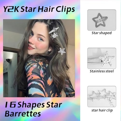30Pcs Y2K Silver Star Hair Clips Set - 16 Shapes Kawaii Non-Slip Hairpins for Women & Girls - görsel 6