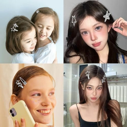 30Pcs Y2K Silver Star Hair Clips Set - 16 Shapes Kawaii Non-Slip Hairpins for Women & Girls