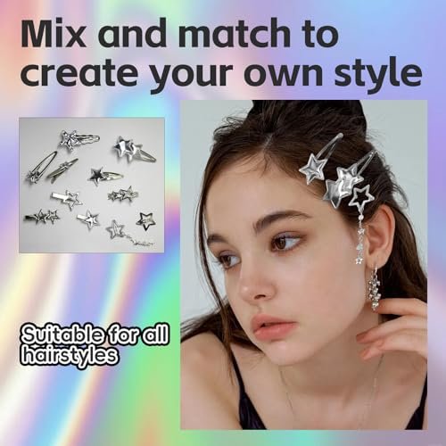 30Pcs Y2K Silver Star Hair Clips Set - 16 Shapes Kawaii Non-Slip Hairpins for Women & Girls - görsel 8