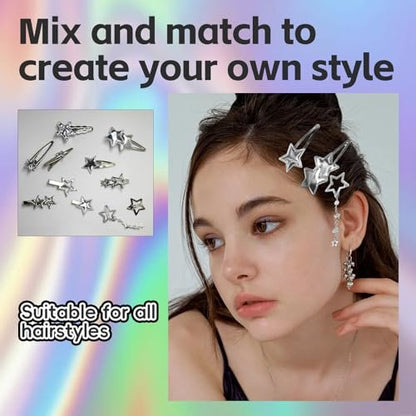 30Pcs Y2K Silver Star Hair Clips Set - 16 Shapes Kawaii Non-Slip Hairpins for Women & Girls