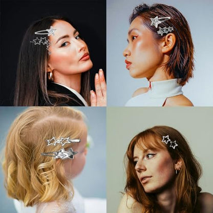 30Pcs Y2K Silver Star Hair Clips Set - 16 Shapes Kawaii Non-Slip Hairpins for Women & Girls