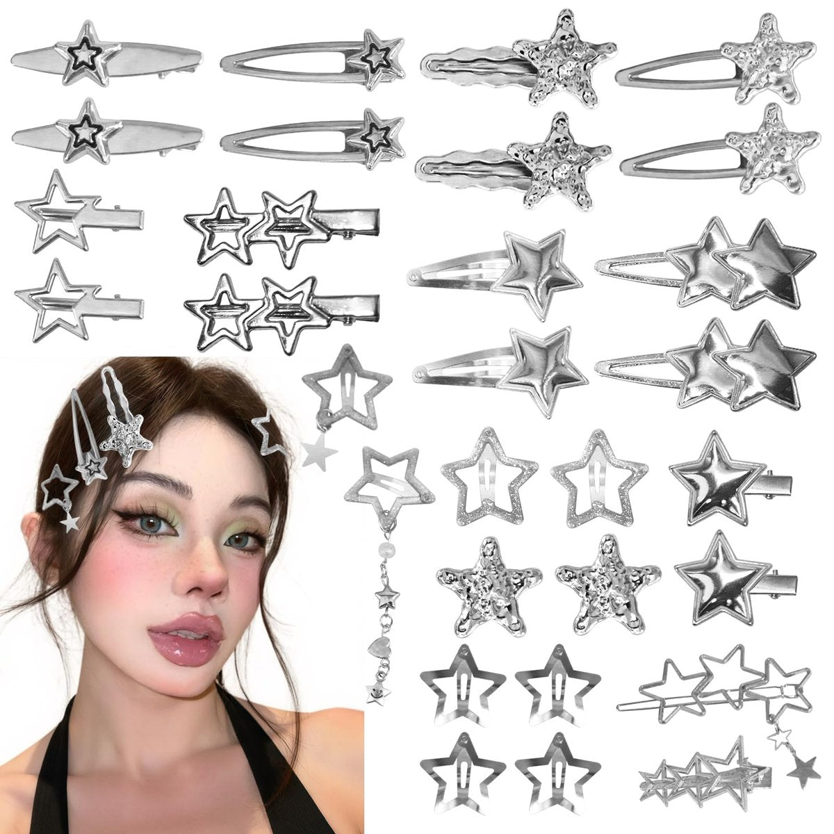 30Pcs Y2K Silver Star Hair Clips Set - 16 Shapes Kawaii Non-Slip Hairpins for Women & Girls - görsel 1