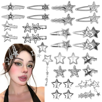 30Pcs Y2K Silver Star Hair Clips Set - 16 Shapes Kawaii Non-Slip Hairpins for Women & Girls
