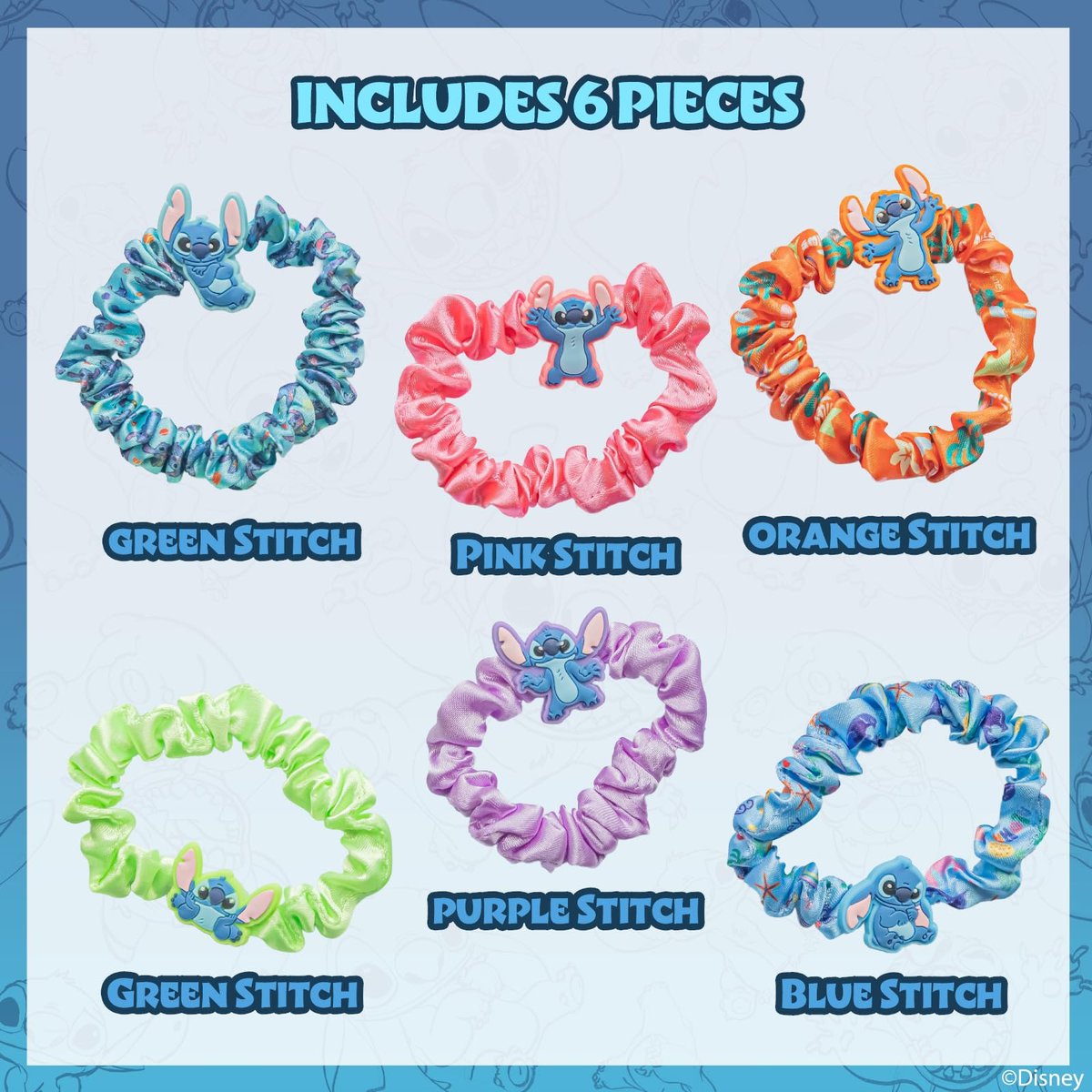 Stitch 6 Piece Hair Scrunchie Set – Satin Hair Ties for Girls, School Rewards, Party Favors, Stocking Stuffer, Birthday Gift, Ages 3+ by Townley Girl - görsel 3