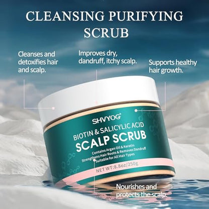 SHVYOG Scalp Scrub with Biotin & 3% Salicylic Acid – 2-in-1 Exfoliator & Clarifying Detox Shampoo for Dandruff, Itchy Scalp, Oily Hair & Dry Scalp Treatment, Includes Scalp Massager, 8.8 oz Avelisse