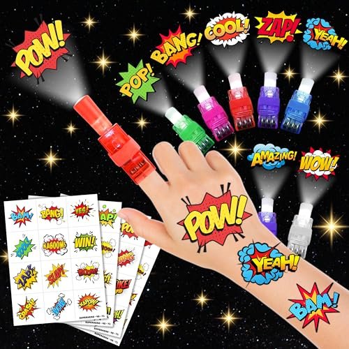 72 PCS Hero Party Favors - 48 Temporary Tattoos & 24 LED Finger Lights Combo - Superhero Birthday Goodie Bag Fillers, Light Up Toys for Kids and Adults, Party Supplies - görsel 2