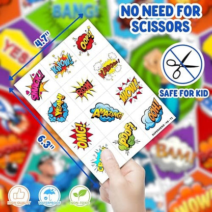 72 PCS Hero Party Favors - 48 Temporary Tattoos & 24 LED Finger Lights Combo - Superhero Birthday Goodie Bag Fillers, Light Up Toys for Kids and Adults, Party Supplies