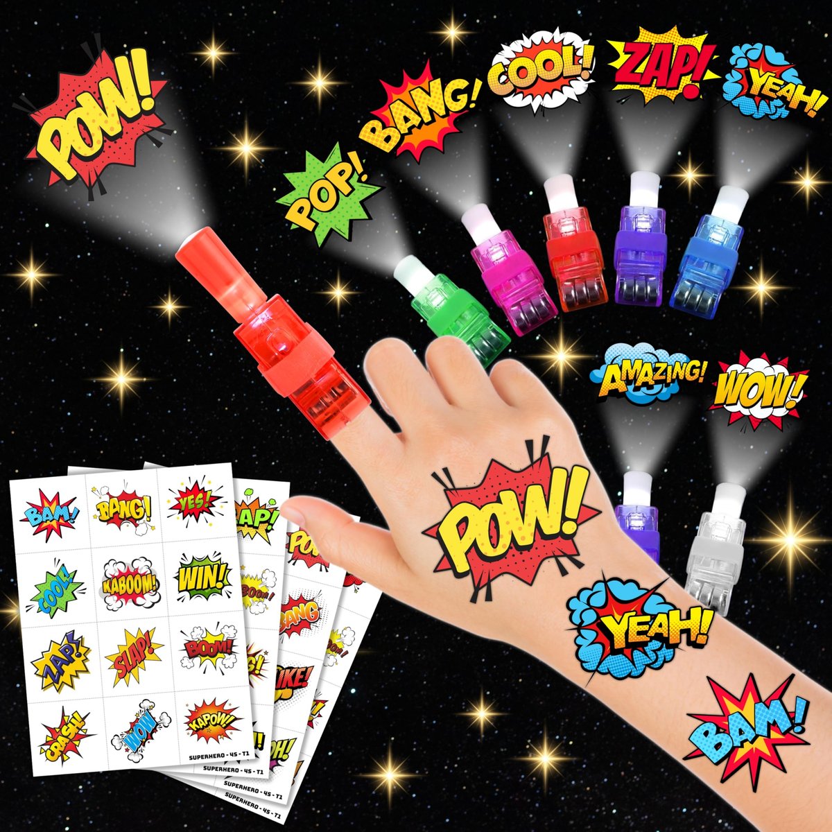 72 PCS Hero Party Favors - 48 Temporary Tattoos & 24 LED Finger Lights Combo - Superhero Birthday Goodie Bag Fillers, Light Up Toys for Kids and Adults, Party Supplies - görsel 1