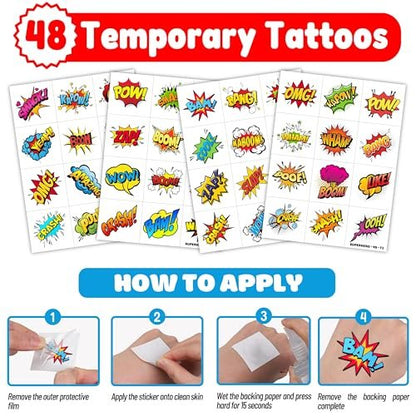 72 PCS Hero Party Favors - 48 Temporary Tattoos & 24 LED Finger Lights Combo - Superhero Birthday Goodie Bag Fillers, Light Up Toys for Kids and Adults, Party Supplies