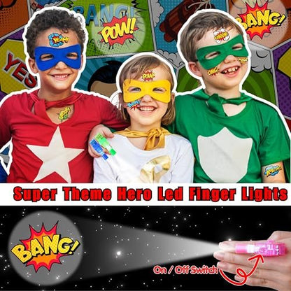 72 PCS Hero Party Favors - 48 Temporary Tattoos & 24 LED Finger Lights Combo - Superhero Birthday Goodie Bag Fillers, Light Up Toys for Kids and Adults, Party Supplies