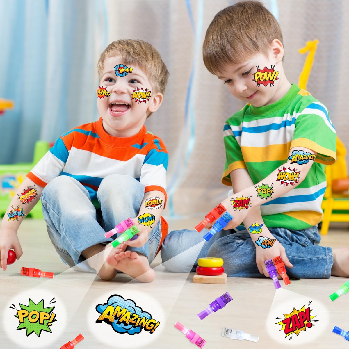 72 PCS Hero Party Favors - 48 Temporary Tattoos & 24 LED Finger Lights Combo - Superhero Birthday Goodie Bag Fillers, Light Up Toys for Kids and Adults, Party Supplies - görsel 5
