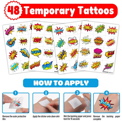 72 PCS Hero Party Favors - 48 Temporary Tattoos & 24 LED Finger Lights Combo - Superhero Birthday Goodie Bag Fillers, Light Up Toys for Kids and Adults, Party Supplies