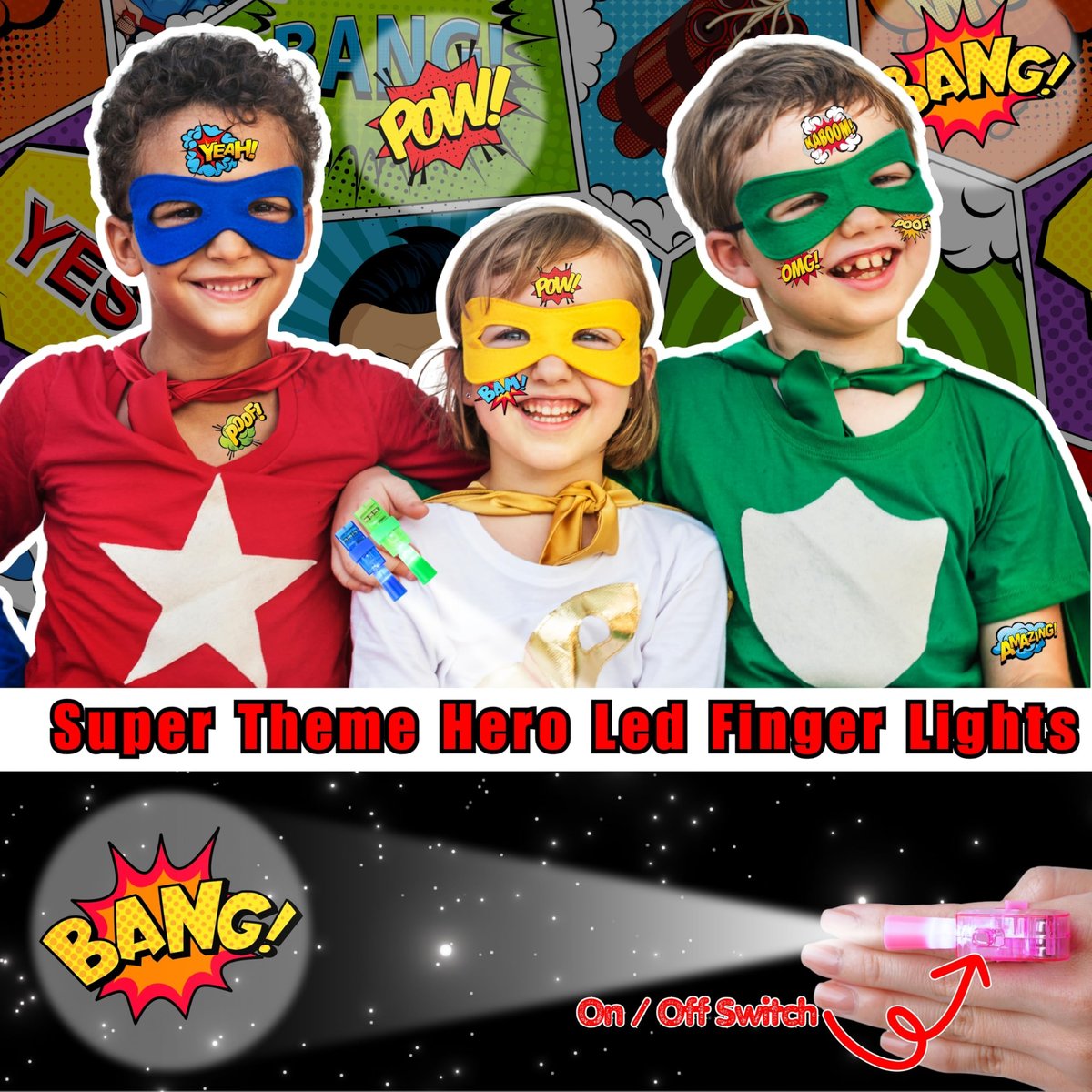 72 PCS Hero Party Favors - 48 Temporary Tattoos & 24 LED Finger Lights Combo - Superhero Birthday Goodie Bag Fillers, Light Up Toys for Kids and Adults, Party Supplies - görsel 3